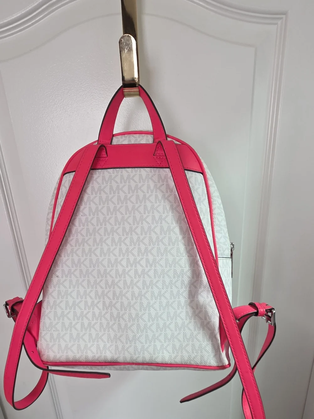 Michael Kors Signature Abbey Backpack in White with Hot Pink Accents
